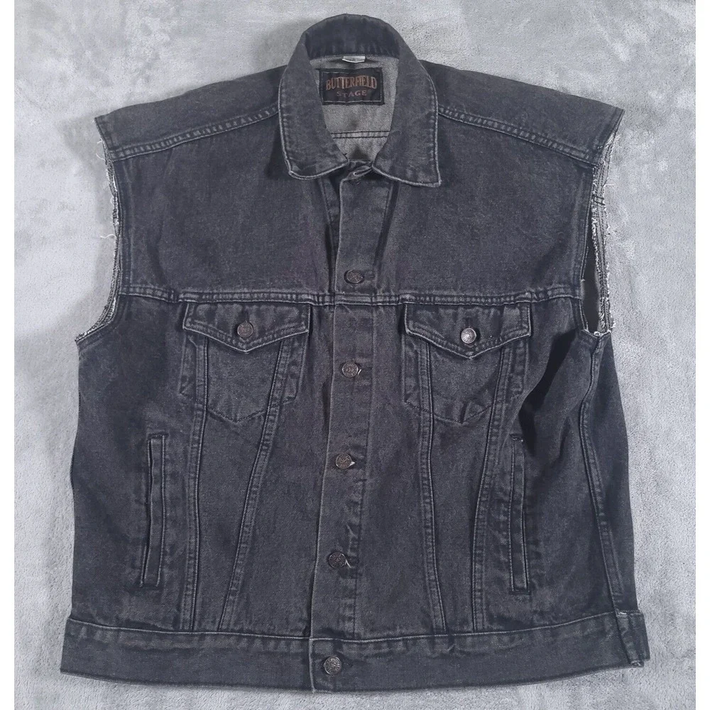 Vintage Butterfield Stage Denim Trucker Vest Mens Large Black Gibson Patch